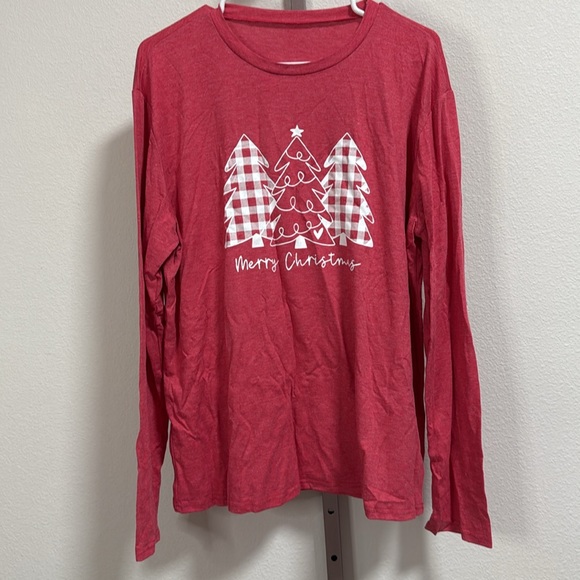 Merry Christmas Light Red Long Sleeve Top with White and Plaid Pattern Trees - Picture 2 of 6